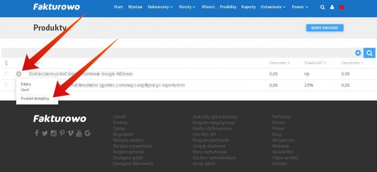Jak ustawić produkt domyślny?