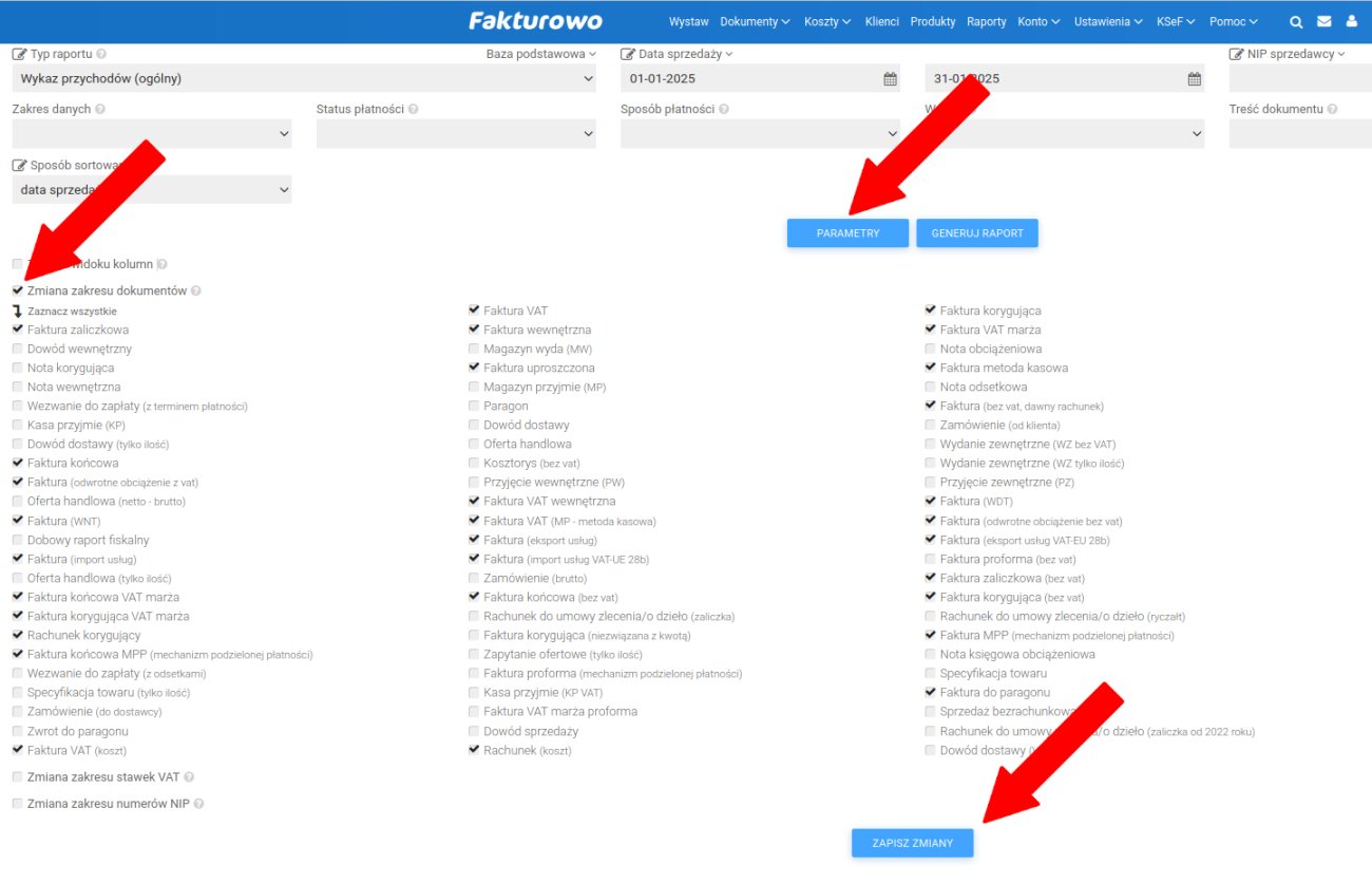 Zmiana zakresu dokumentów w raporcie
