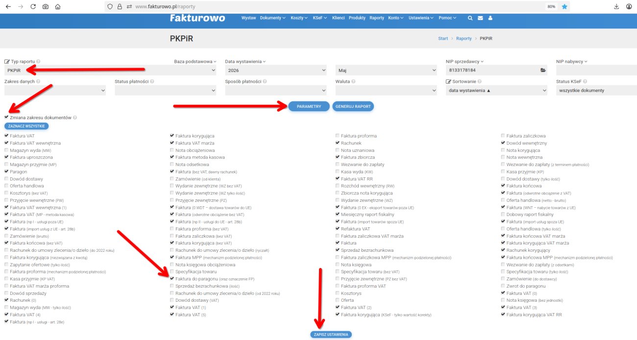 Zmiana zakresu dokumentów w raporcie