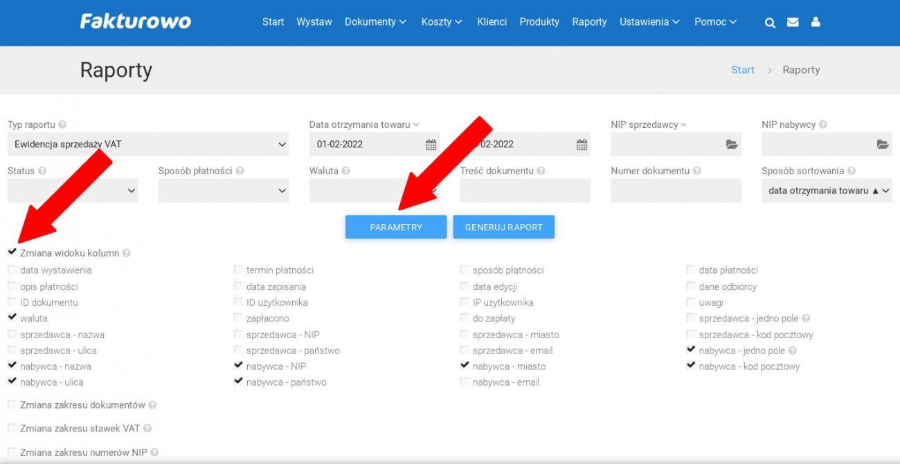 Zmiana widoku kolumn w raporcie