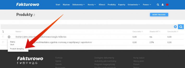 Jak ustawić domyślny produkt?