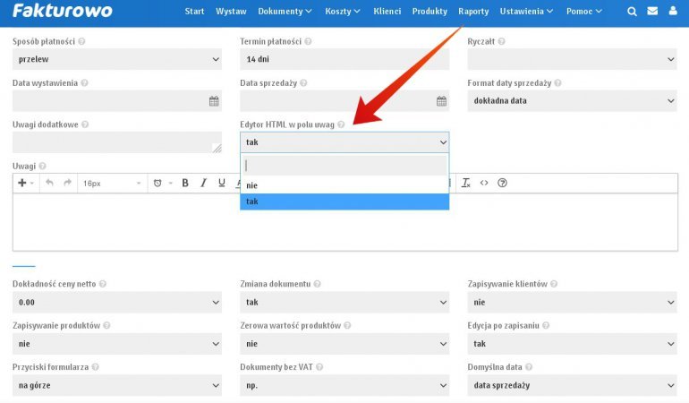 Edytor HTML (WYSIWIG) w polu uwag