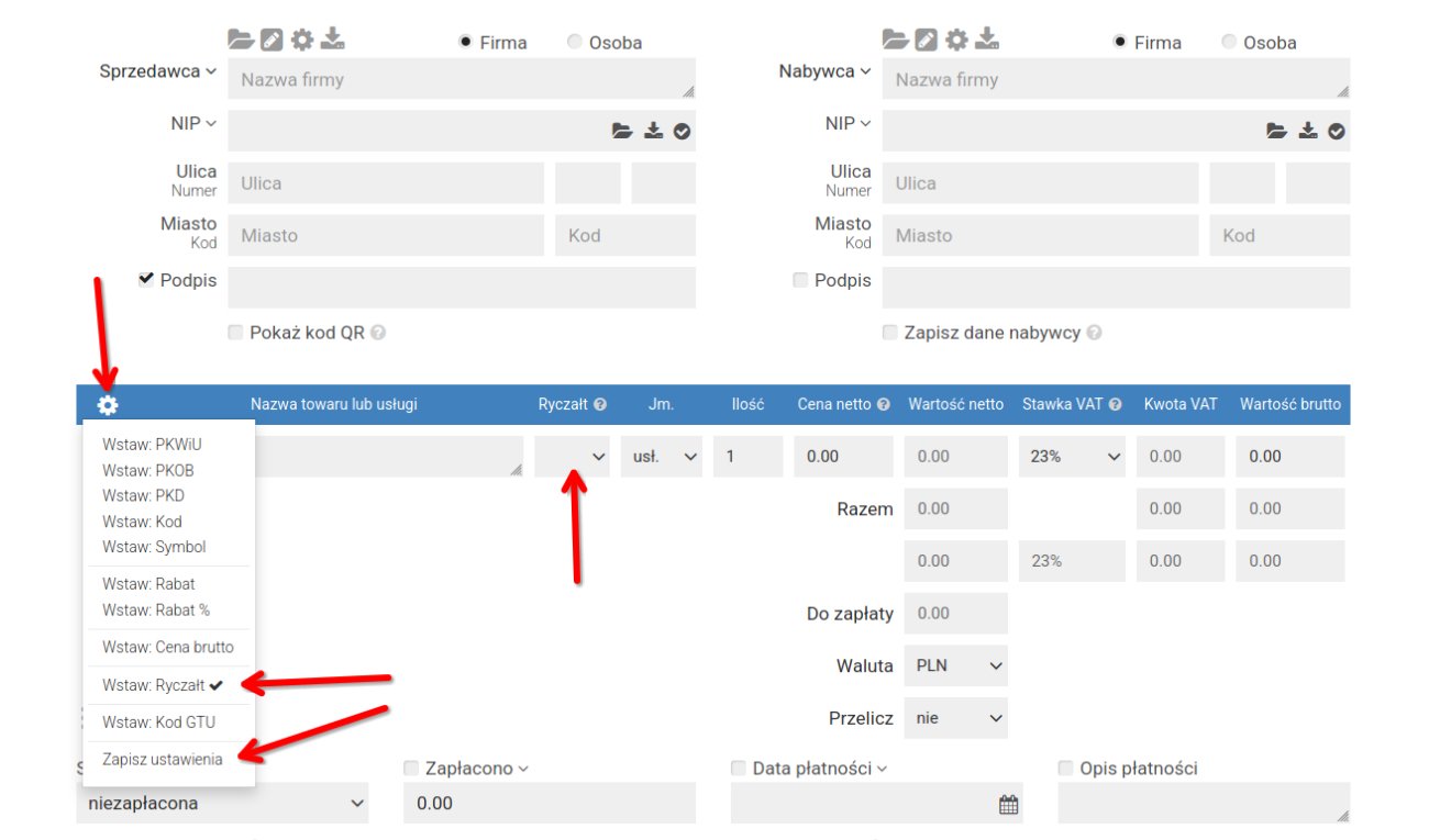 Stawka ryczałtu dla każdej pozycji