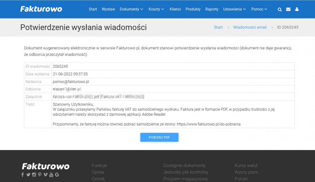 Potwierdzenie PDF po wysłaniu wiadomości