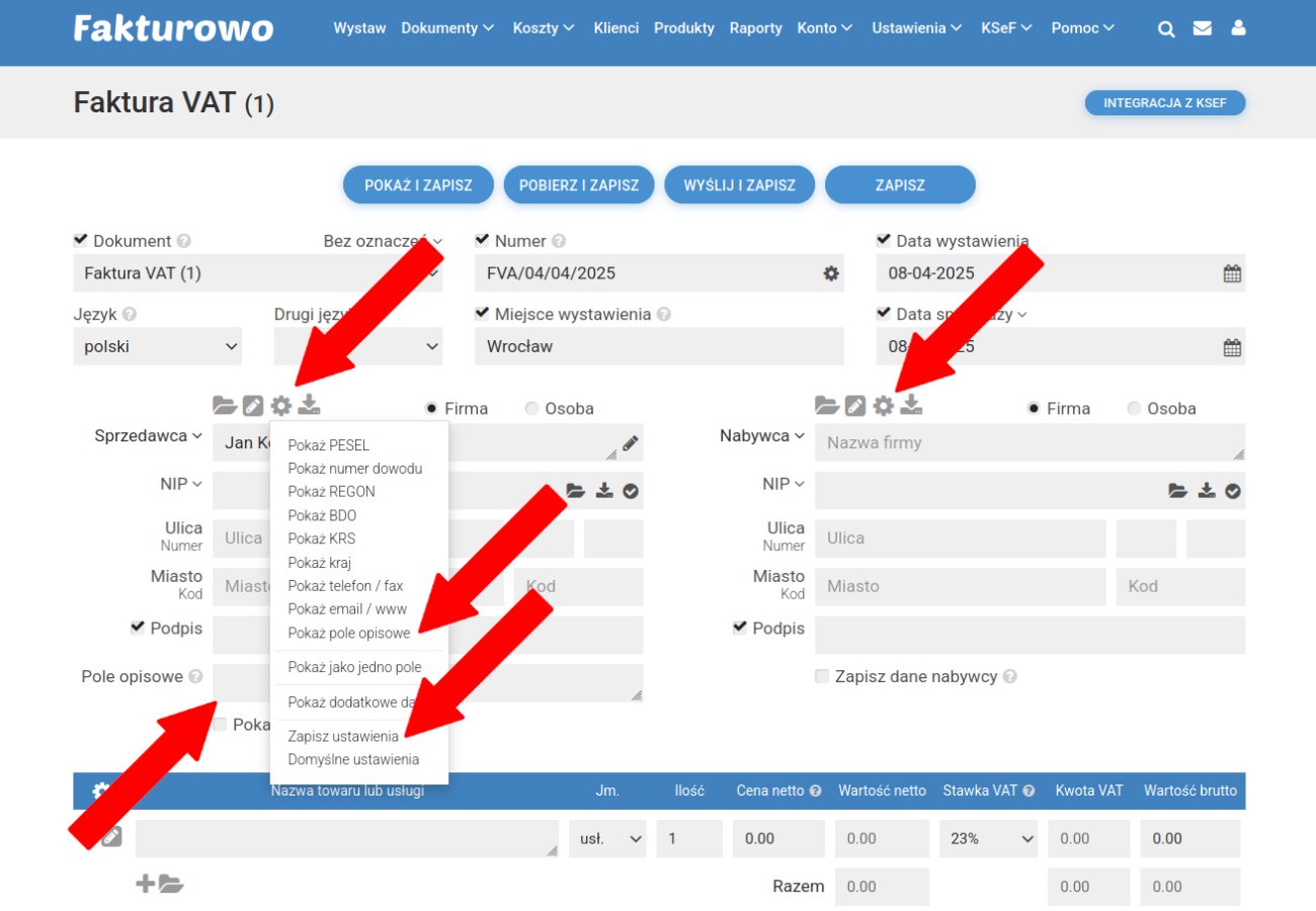 Pole opisowe w danych nabywcy/sprzedawcy