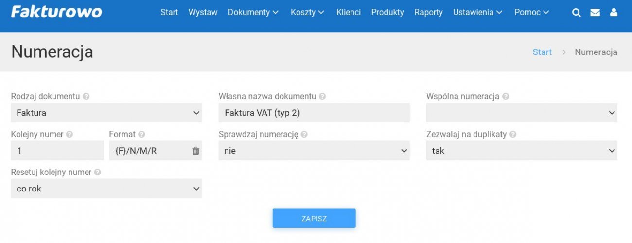 Różna numeracja dla dokumentu