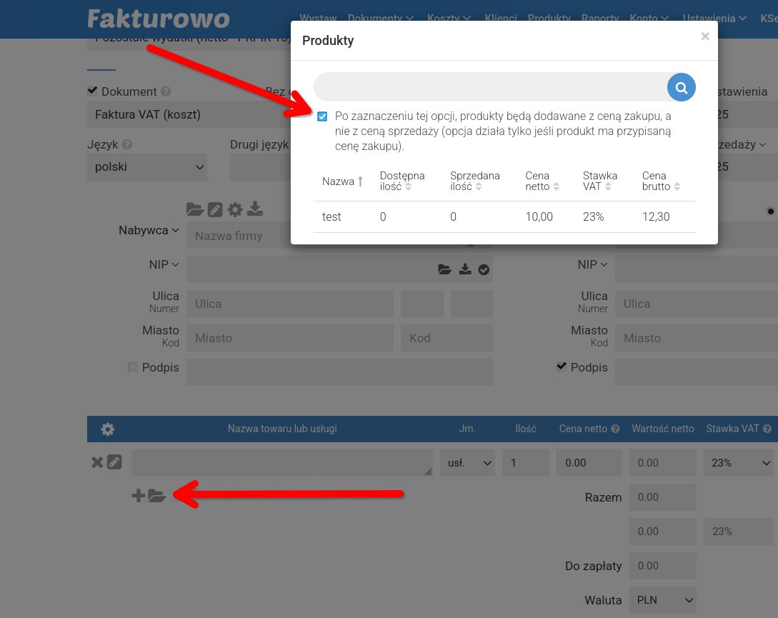 Produkty z ceną zakupu
