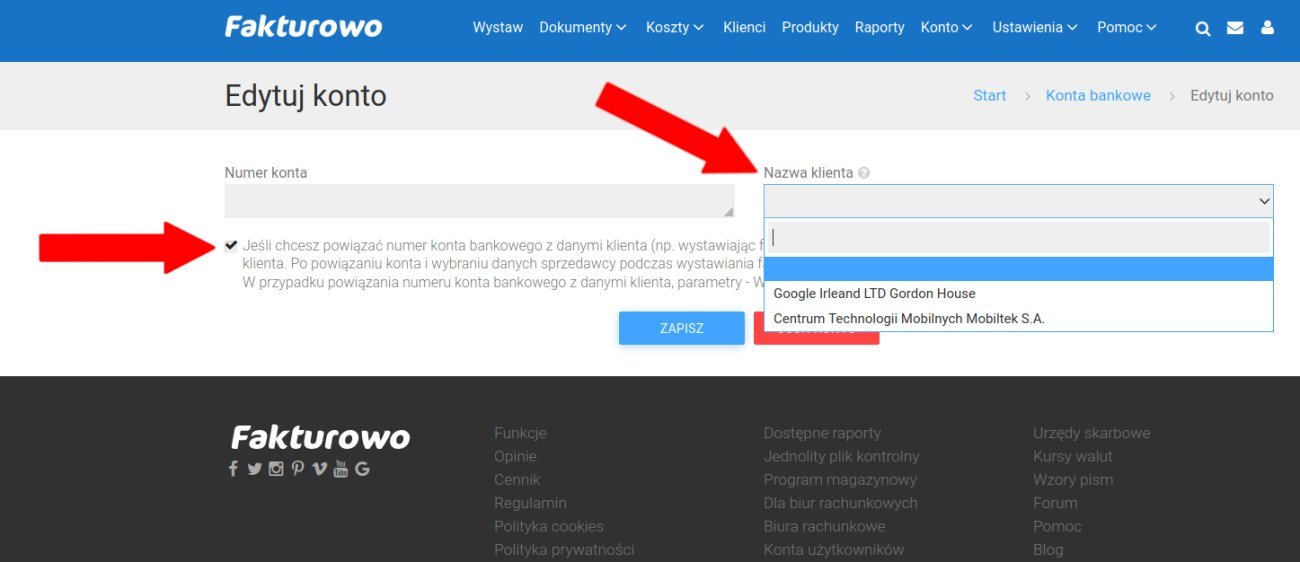 Konto bankowe przypisane do klienta