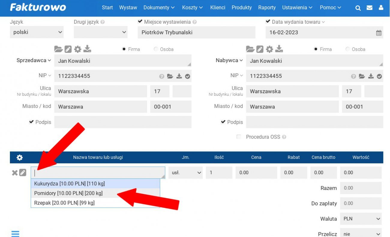 Dodawanie produktów/usług