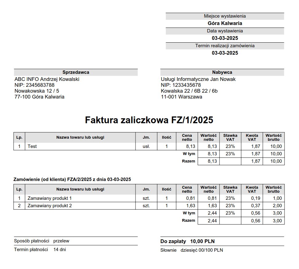 Zamówienie na fakturze zaliczkowej