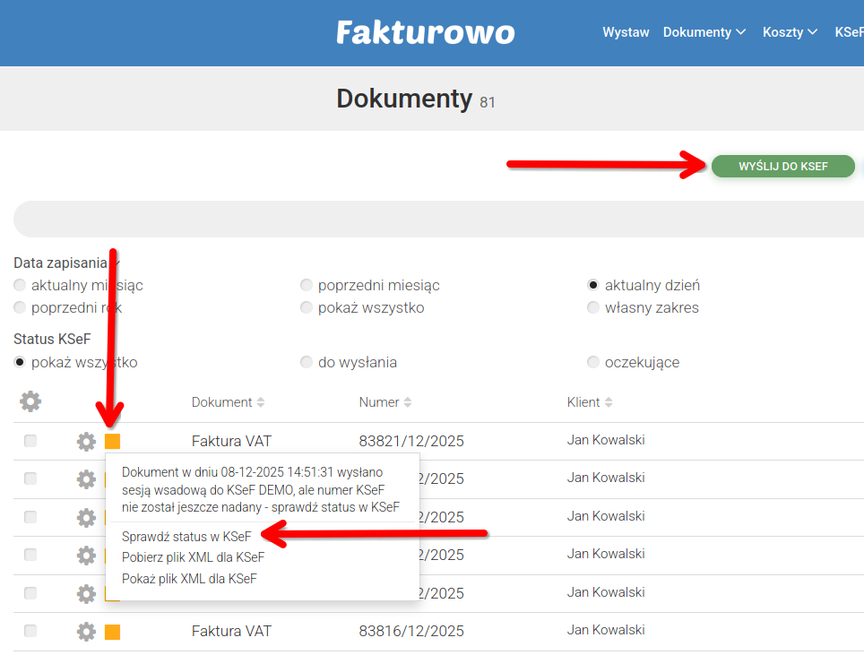 Status wysłania i pobranie UPO