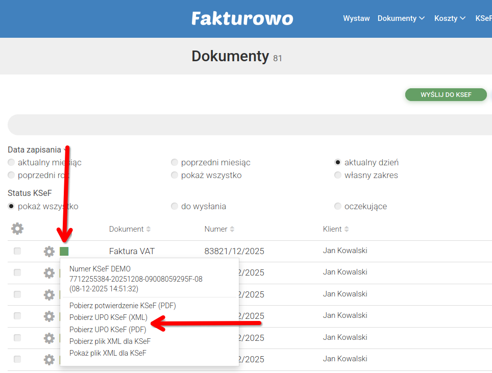 Status wysłania i pobranie UPO