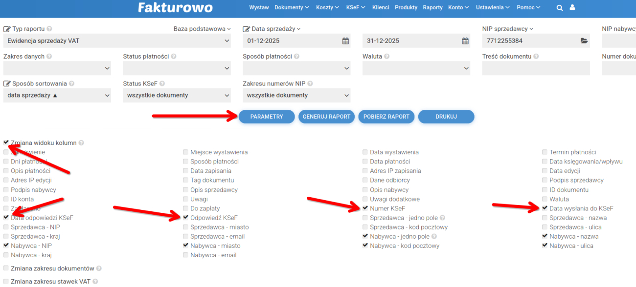 Raporty dla faktur wysłanych do KSeF