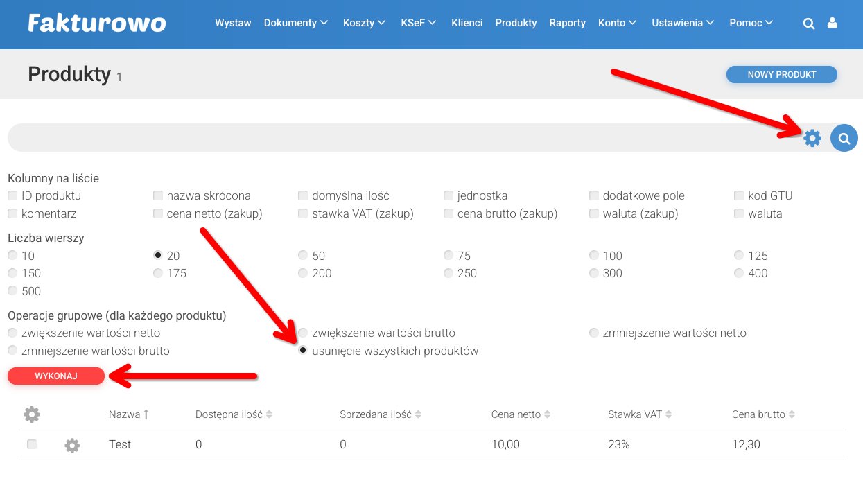 Usunięcie bazy produktów/klientów