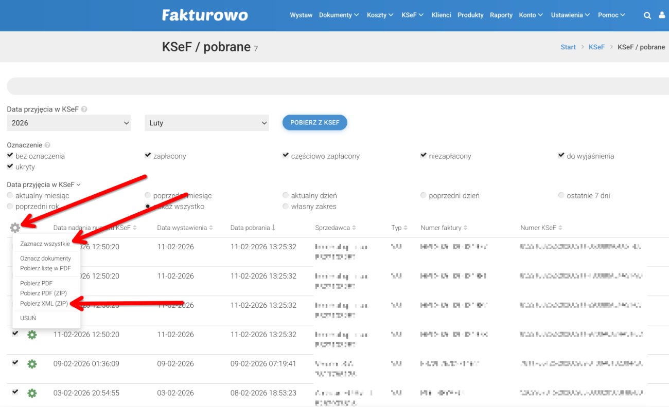Eksport faktur pobranych z KSeF