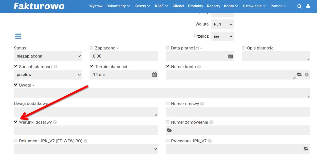 Warunki dostawy na fakturze