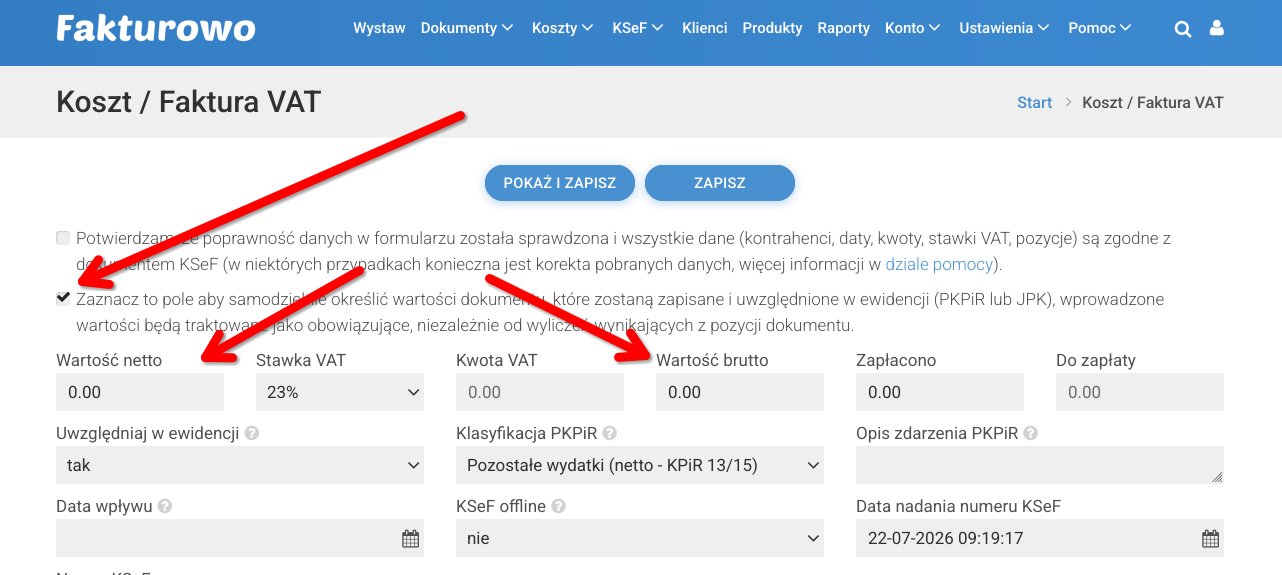 Ręczne określenie wartości dokumentu