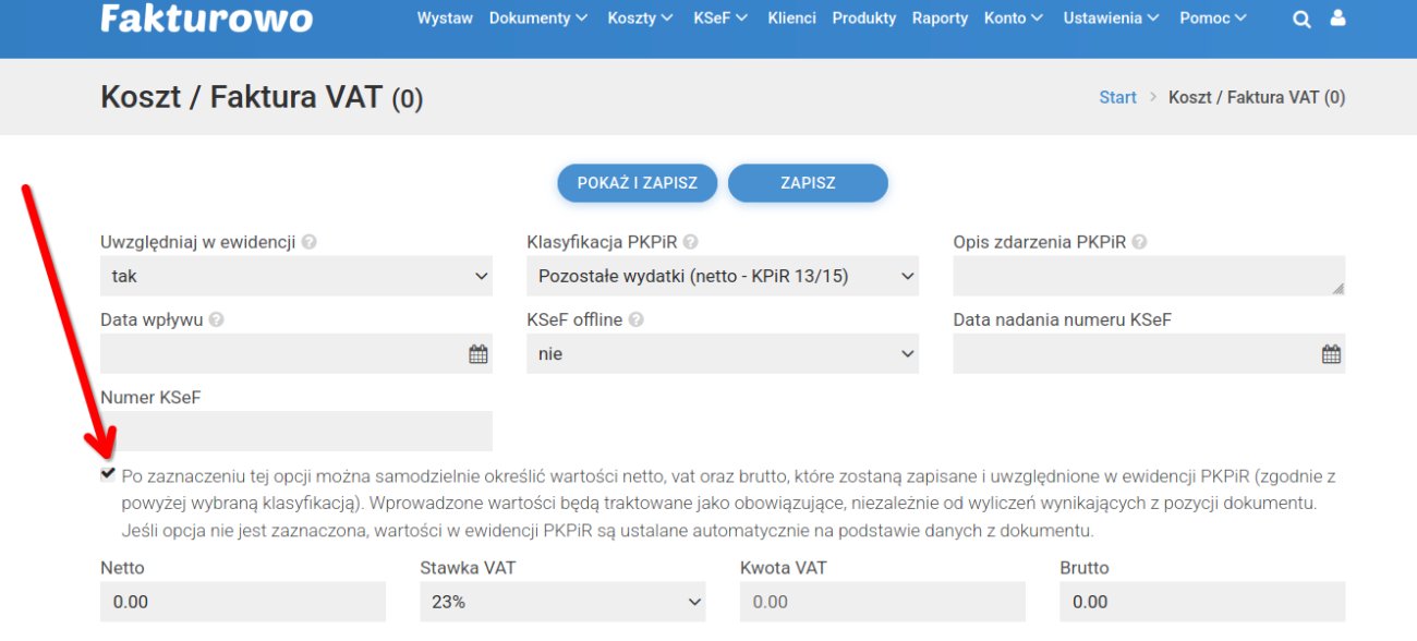 Ręczne określenie wartości w ewidencji PKPiR