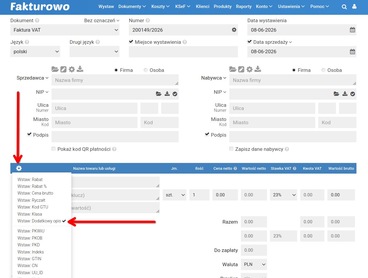Dodatkowy opis pozycji na fakturze (KSeF)