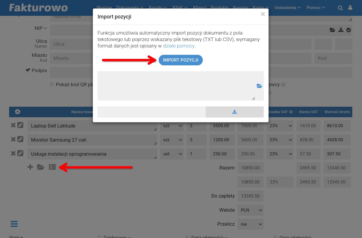 Import pozycji