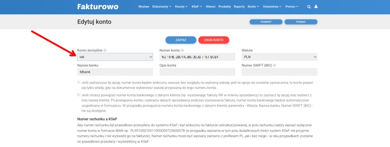 Jak ustawić domyślne konto bankowe?