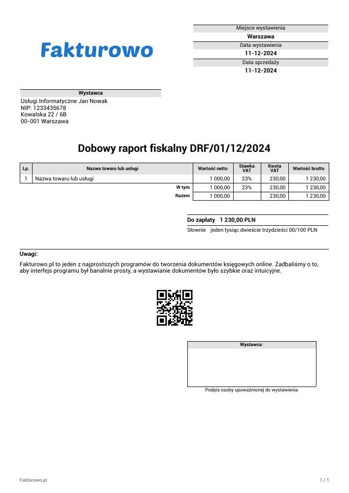 wzór PDF dobowego raportu fiskalnego