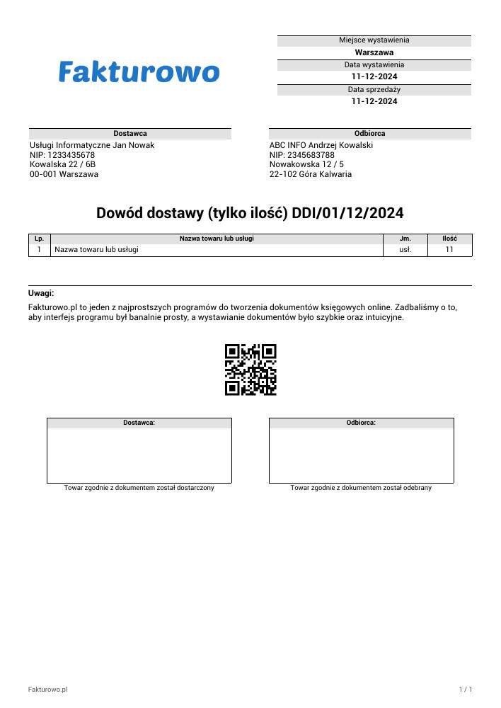 wzór PDF dowodu dostawy (tylko ilość)