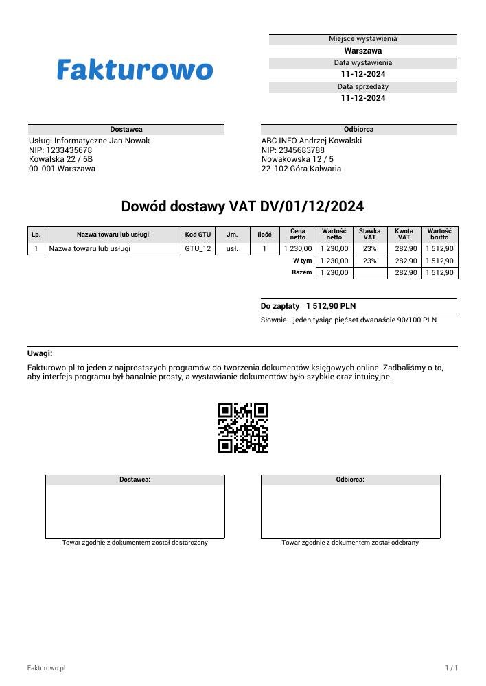 wzór PDF dowodu dostawy (VAT)