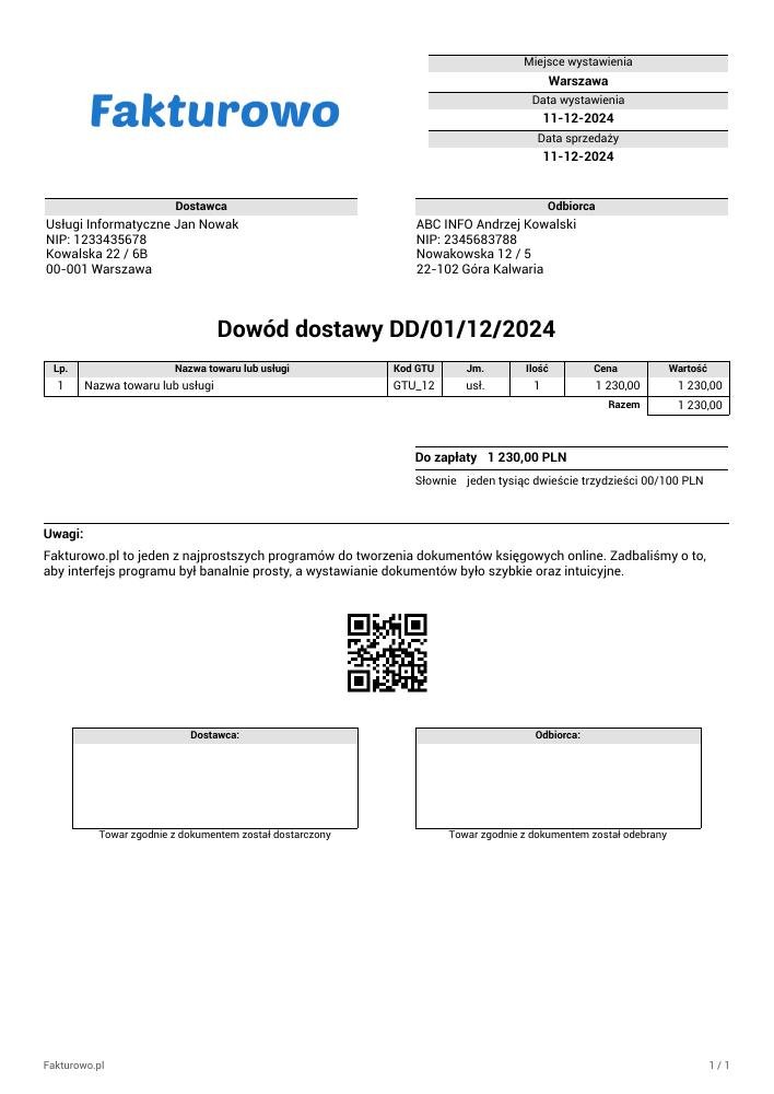 wzór PDF dowodu dostawy