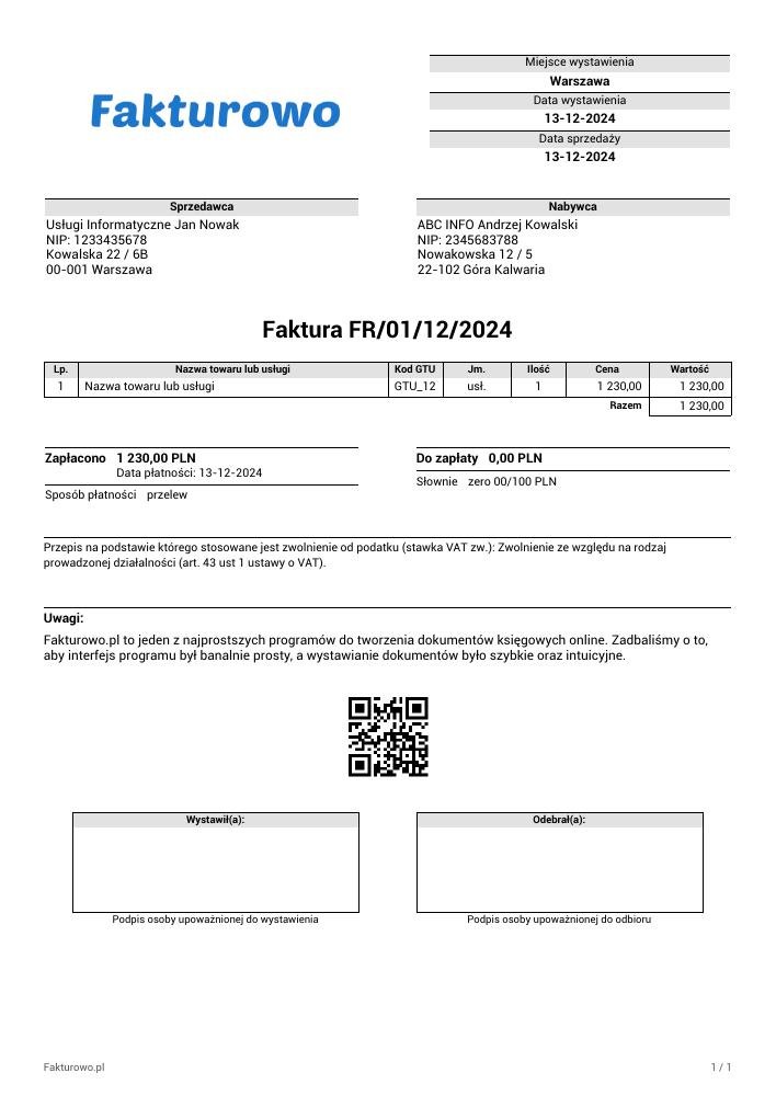 wzór PDF faktury (bez vat, dawny rachunek)