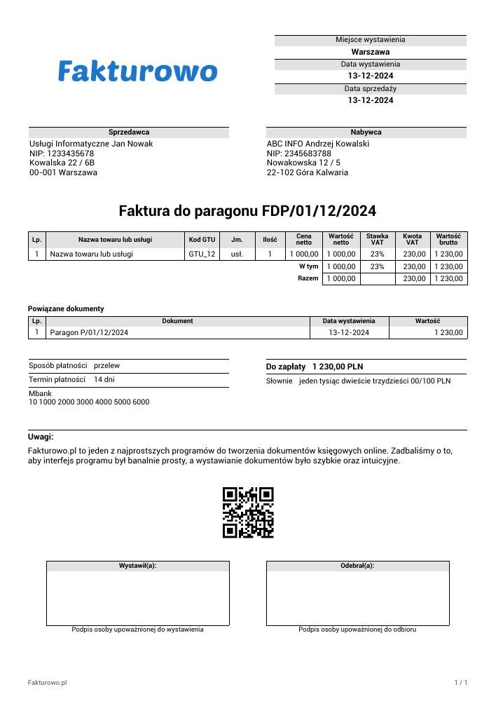 wzór PDF faktury do paragonu