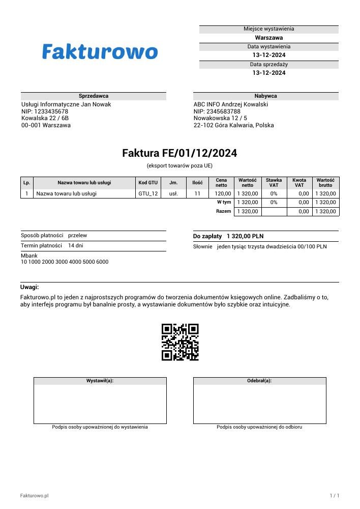 wzór PDF faktury (eksport towarów)