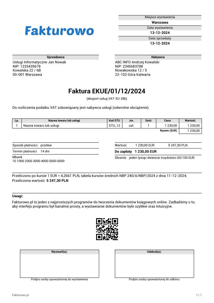 wzór PDF faktury (eksport usług VAT-EU 28b)