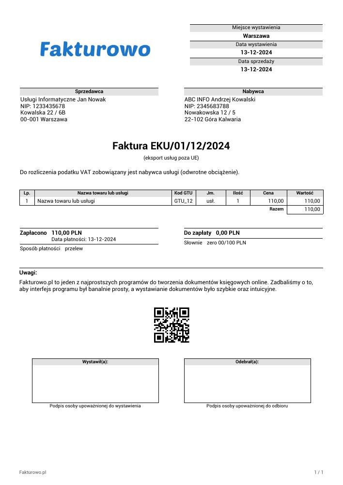 wzór PDF faktury (eksport usług)