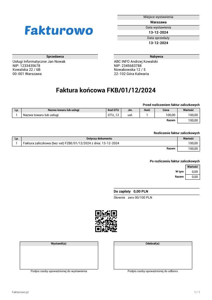 wzór PDF faktury końcowej (bez vat)