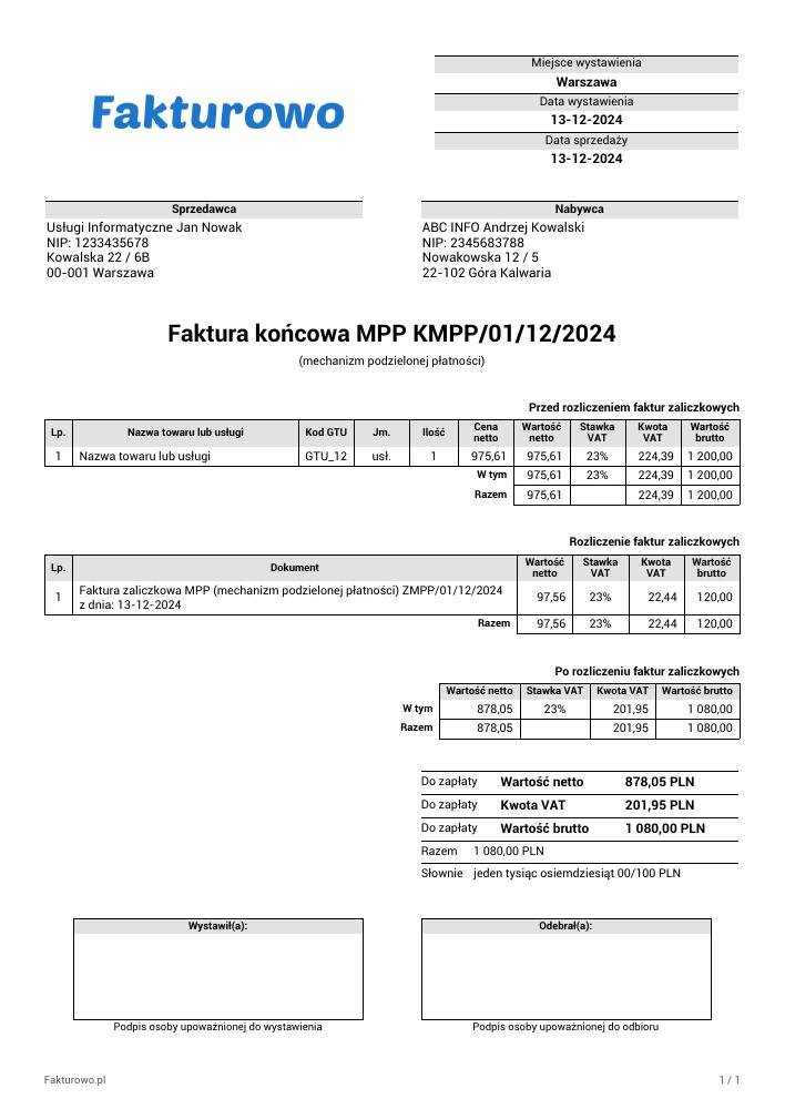 wzór PDF faktury końcowej MPP (mechanizm podzielonej płatności)