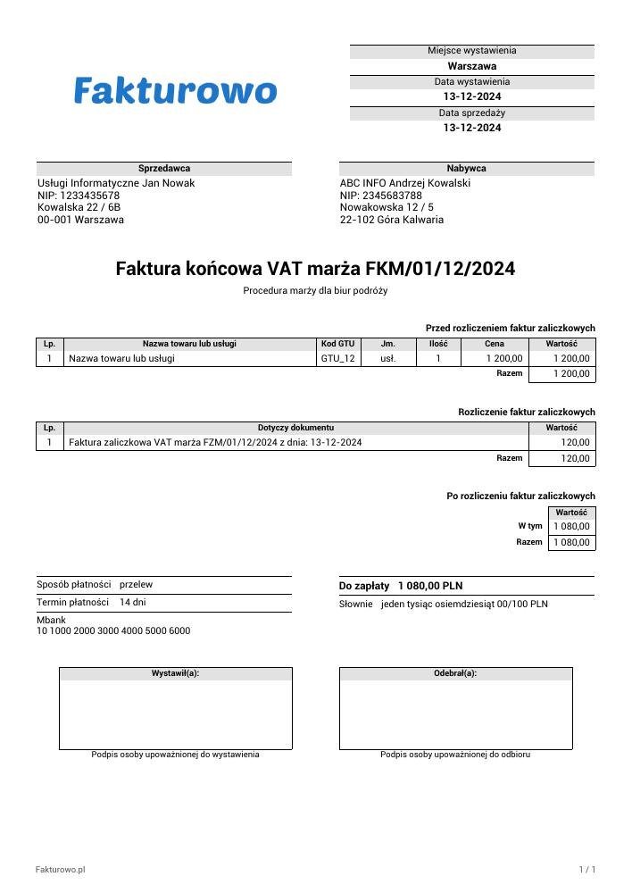 wzór PDF faktury końcowej VAT marża