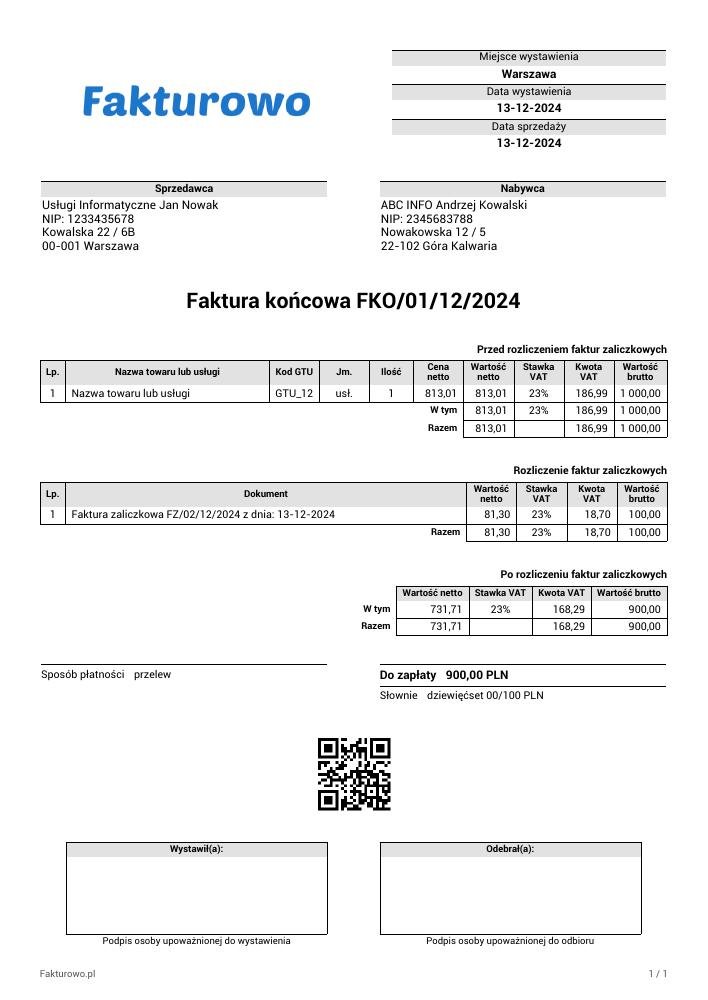 wzór PDF faktury końcowej