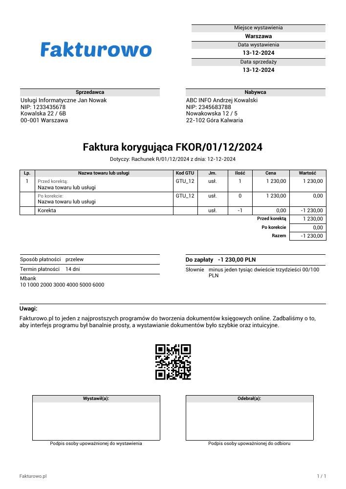 wzór PDF faktury korygującej (bez vat)