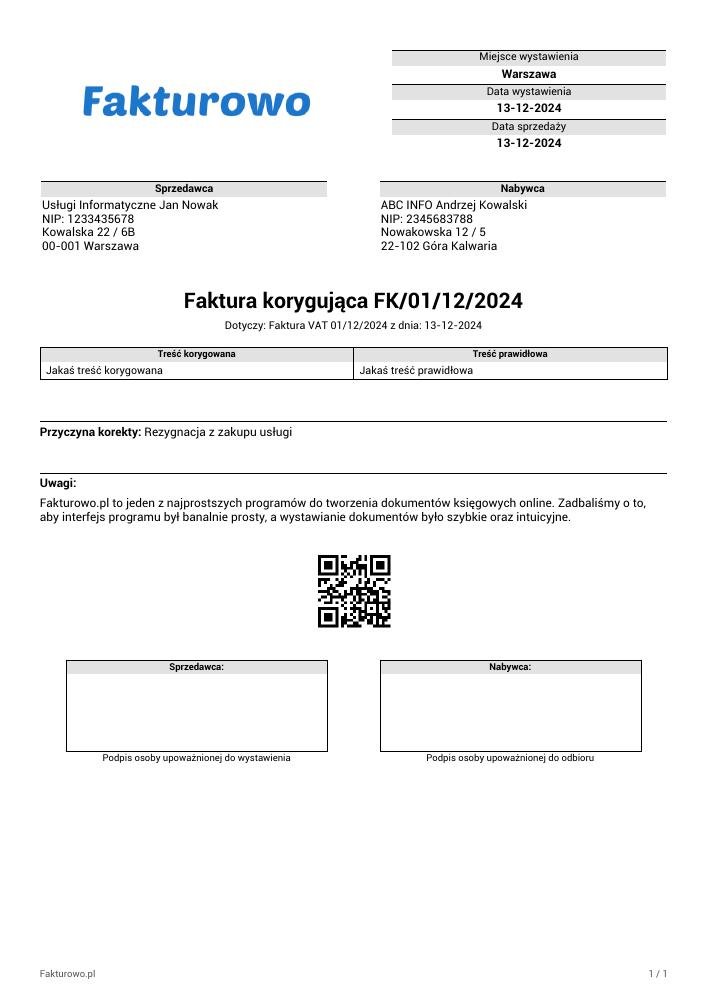 wzór PDF faktury korygującej (niezwiązanej z kwotą)