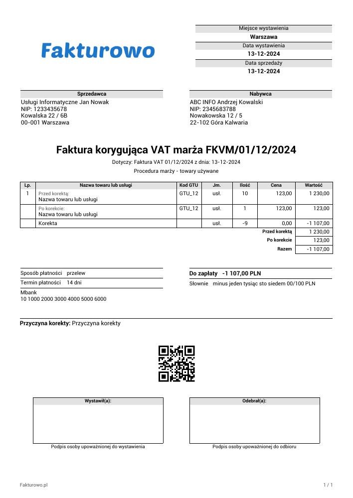 wzór PDF faktury korygującej VAT marża