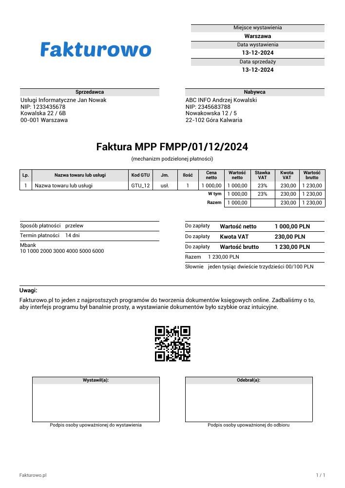 wzór PDF faktury MPP (mechanizm podzielonej płatności)