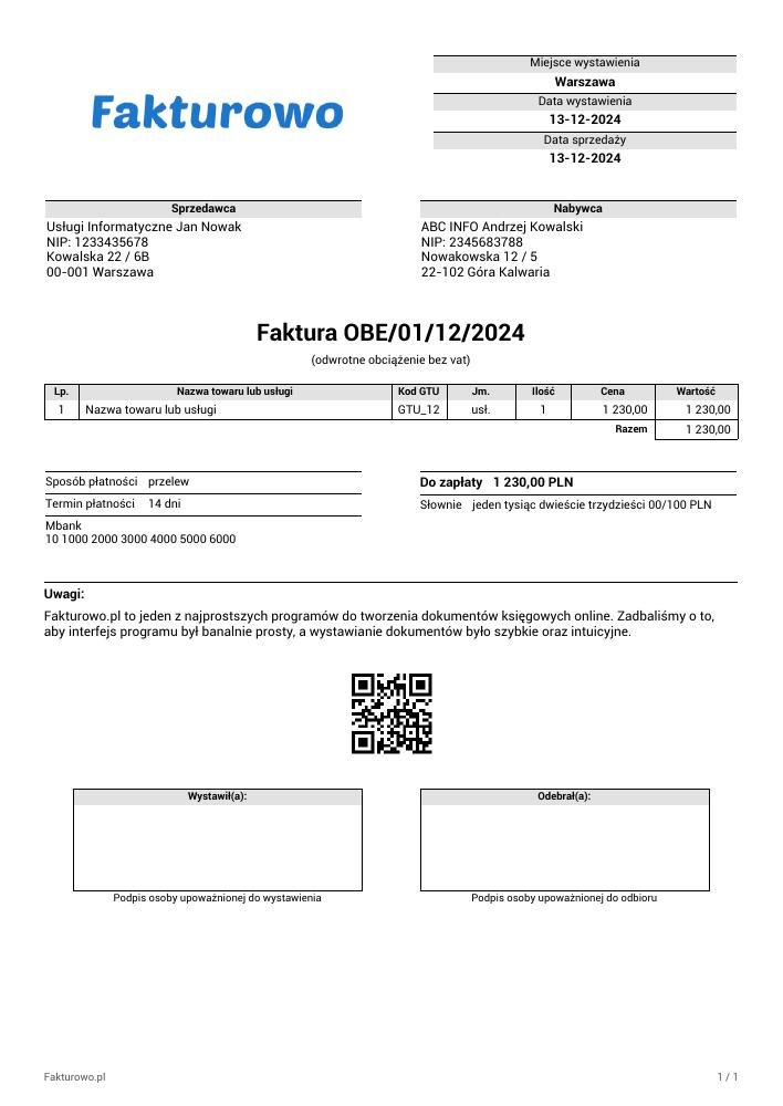 wzór PDF faktury z odwrotnym obciążeniem (bez vat)