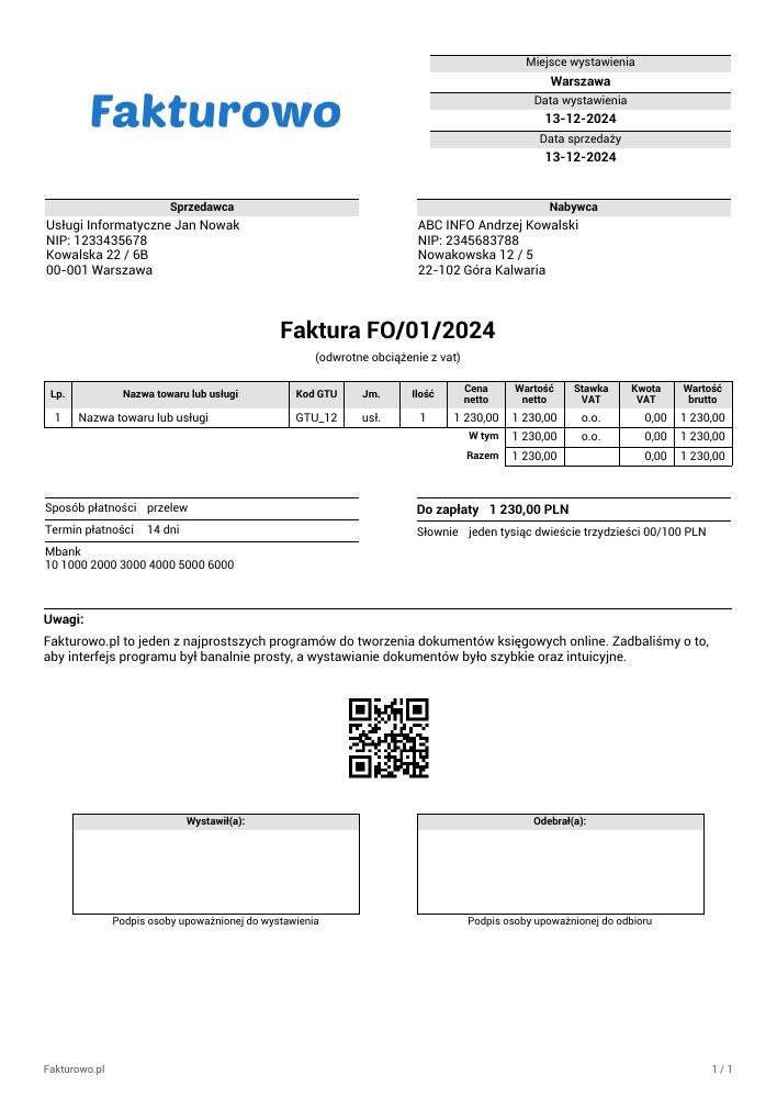 wzór PDF faktury z odwrotnym obciążeniem (z vat)