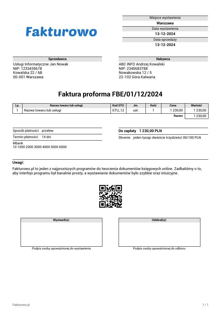 Faktura proforma (bez vat) online - Fakturowo.pl