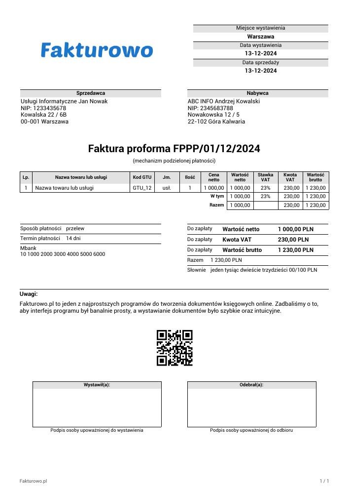 wzór PDF faktury proforma (mechanizm podzielonej płatności)
