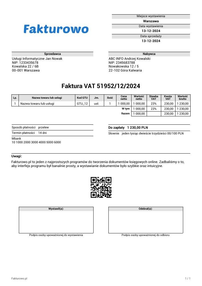 wzór PDF faktury VAT