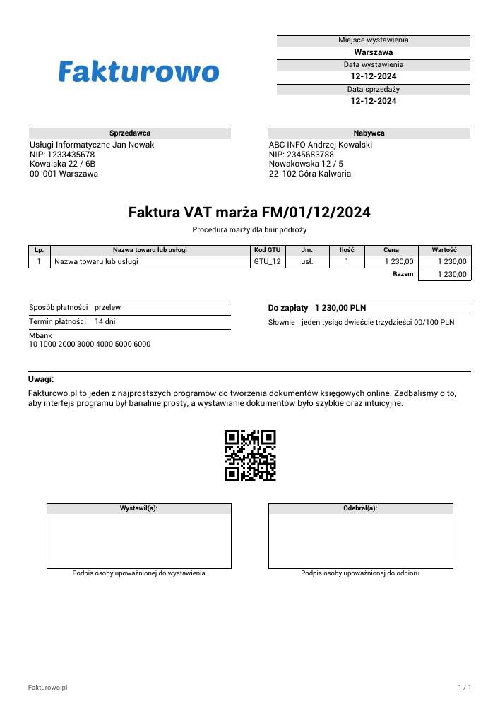 wzór PDF faktury VAT marża