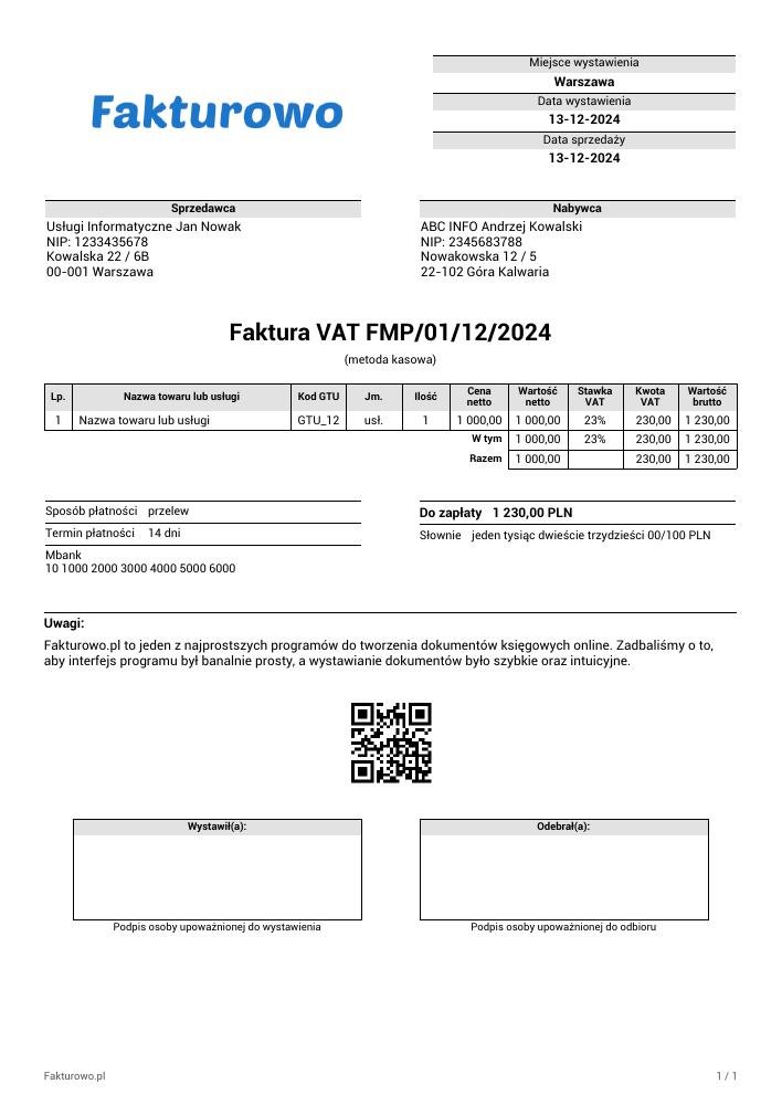 wzór PDF faktury VAT (MP - metoda kasowa)