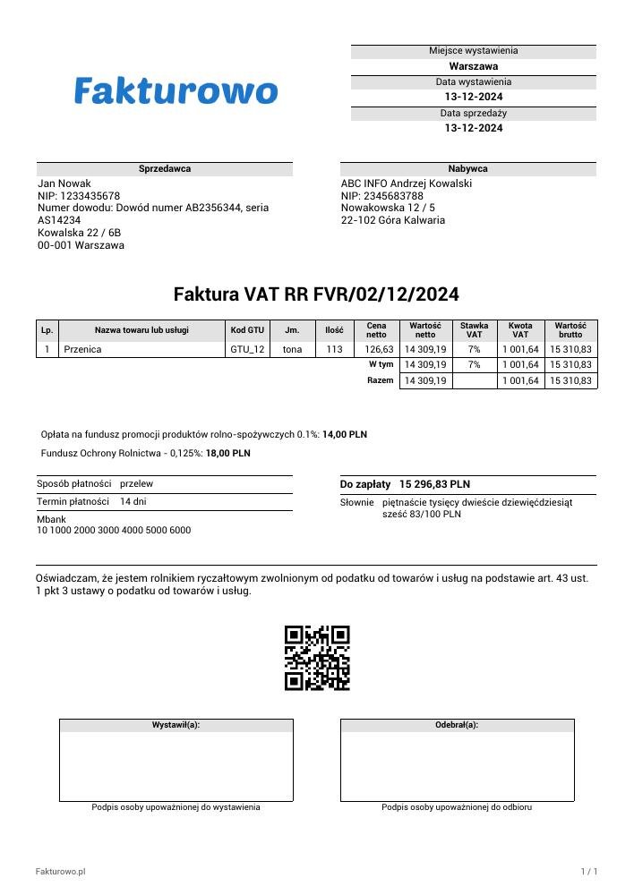 wzór PDF faktury VAT RR